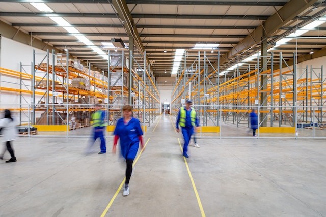 Warehouse line marking with people walking