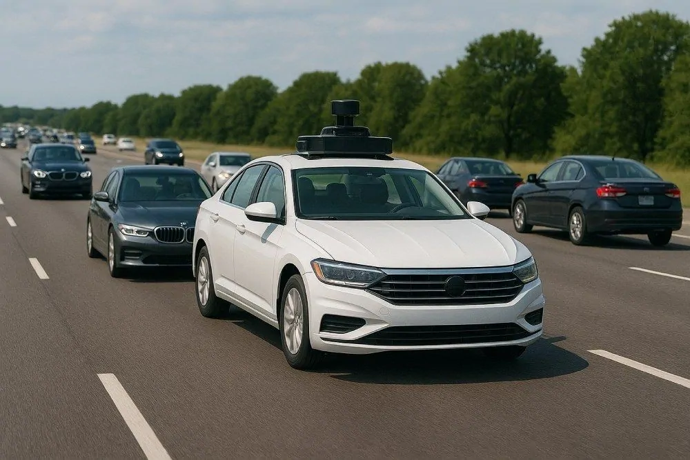 Highway with multiple cars including autonomous vehicle