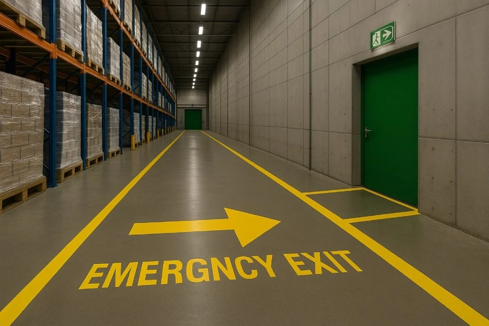 Warehouse emergency exit with floor markings